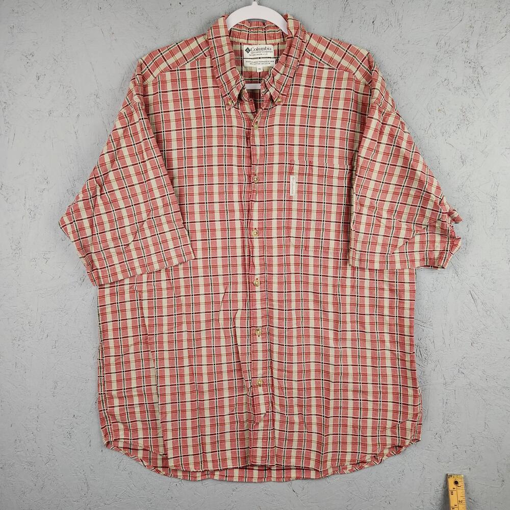 Vintage Columbia Shirt Mens 2XL Red Plaid Button Down Short Sleeve Y2K Outdoor